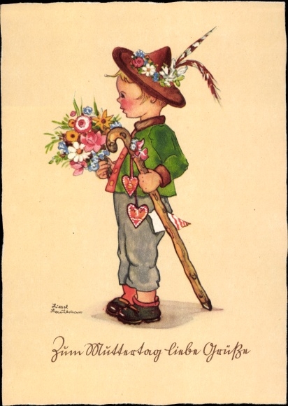 Artist PC Lauterborn, Liesel, Greetings to Mother&#39;s Day, boy with a bouquet of flowers