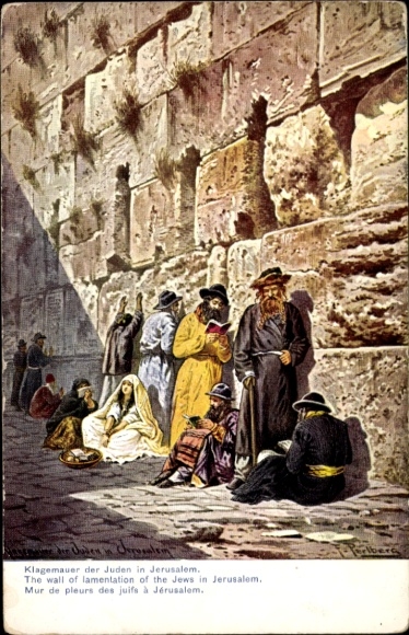 Judaica Artist Postcard Perlberg, F., Jerusalem Israel, Jews at the Wailing Wall