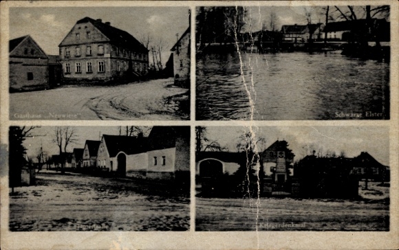 Postcard Neuwiese near Hoyerswerda in Upper Lusatia, Gasthaus Neuwiese, Schwarze Elster, war memorial