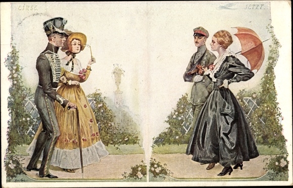 Artist Postcard Leu, Hans, Once and Now, Soldier with Woman, Primus No. 1127