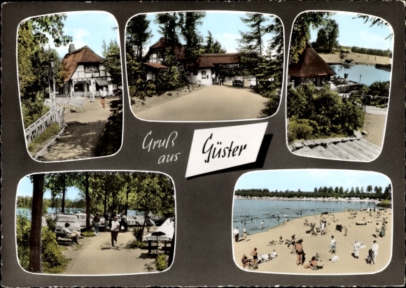 Postcard Güster in Lauenburg, Am Prüss See, beach, half-timbered house