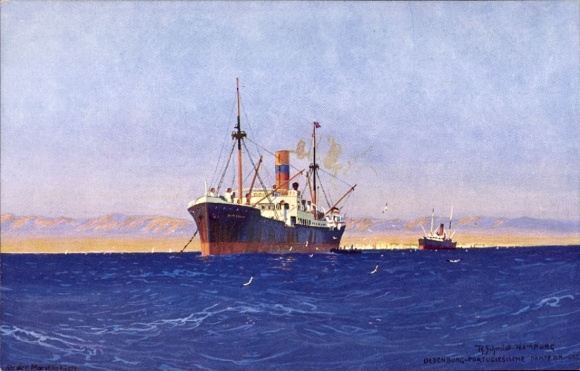 Kunstenaar Postkaart Schmidt, R., OPDR, stoomboot voor anker, van boord