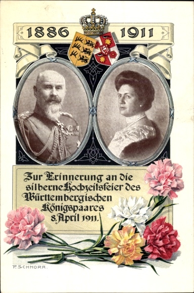 Artist Postcard Schnorr, King Wilhelm II of Württemberg, Queen Charlotte, Silver Wedding 1911, Coat of Arms