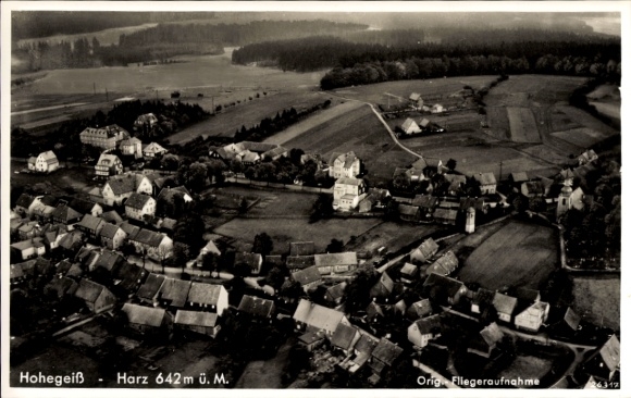 Postcard Hohegeiß Braunlage in the Upper Harz, aerial view of Harz, houses, landscape, forest