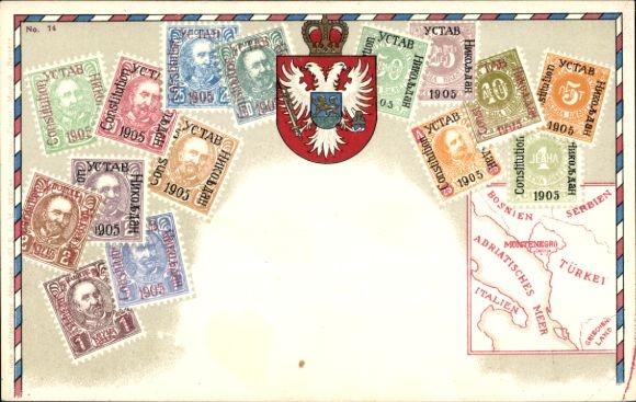 Znaczki lito Czarnogóra, herb, mapa