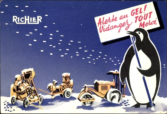 Postcard Reklame, Etablissements Richier, Rue Galvani, Paris XVII, Pinguin, Betonmischer