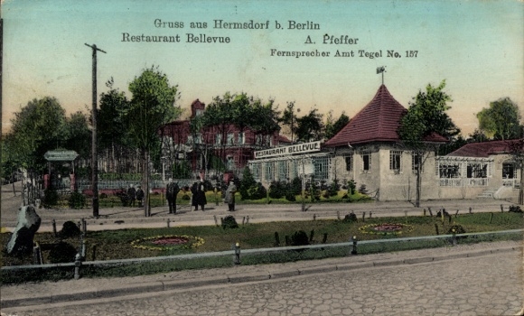 Postcard Berlin Reinickendorf Hermsdorf, Restaurant Bellevue, owner A. Pfeffer