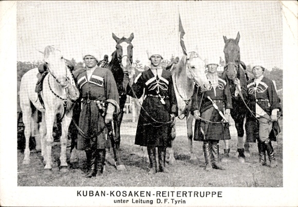 Ak Kuban-Kosaken Reitertruppe, Leitung D. F. Tyrin, Reiter in Tracht, Pferde