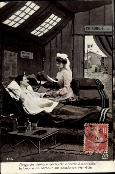 Postcard Wounded French soldier in the hospital tent, nurse