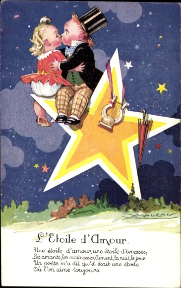 Artist Postcard Mauzan, L&#39;Etoile d&#39;Amour, Kissing Couple on a Star