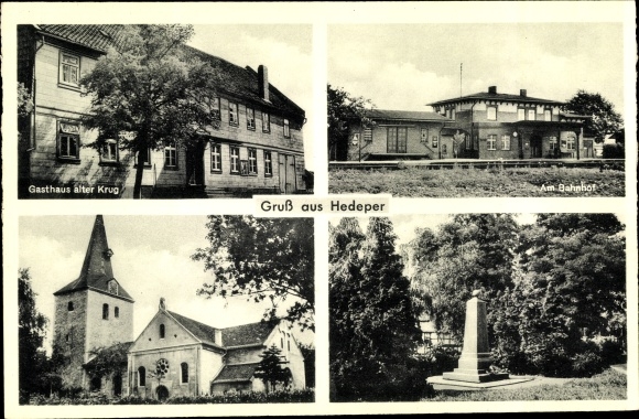 Ak Hedeper in Nedersaksen, herberg oude mok, treinstation, kerk, monument