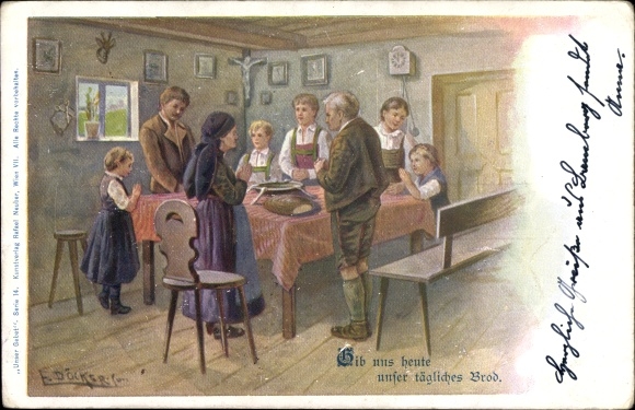 Artist Postcard Döcker, E, people pray at the table, give us our daily bread today