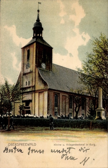 Ak Burg i. Oberspreewald, kerk en oorlogsmonument