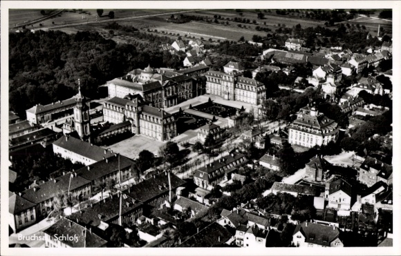 Postcard Bruchsal im Kraichgau, aerial view of Bruchsal with castle, city view, churches, trees