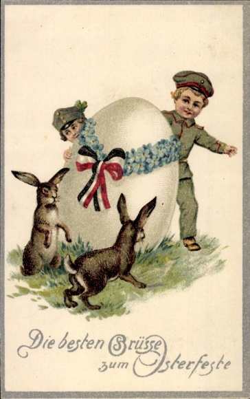 Ak Beste Ostergrüße, Osterhasen, Ei, Kinder in Uniform