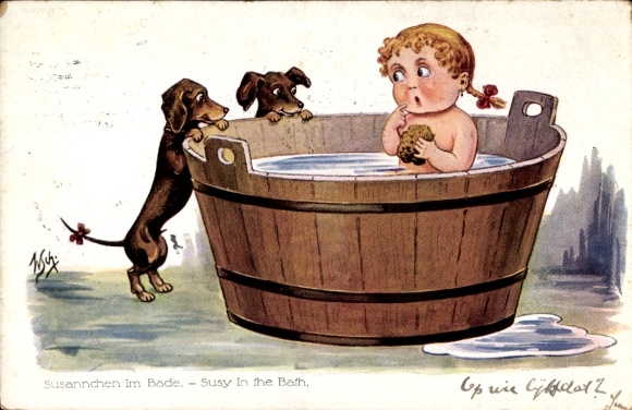 Artist Postcard Scheuermann, Willi, Susannchen in the bath, child in the washtub, dachshund