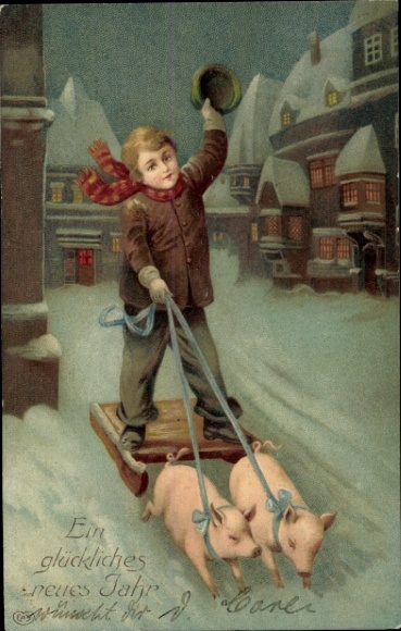 Chromo-Litho Happy New Year, sleigh, pigs