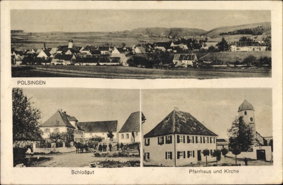 Ak Polsingen im Kreis Weißenburg Gunzenhausen, Schlossgut, Pfarrhaus, Kirche, Panorama vom Ort