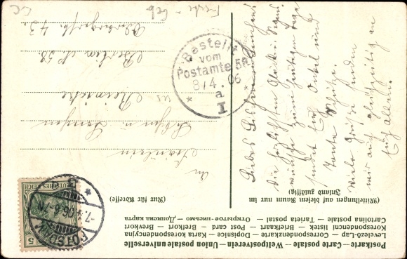 Reliëf ansichtkaart gefeliciteerd verjaardag, vrouw, hoefijzer, klavers, champagneglazen