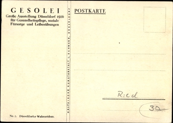 Kunstenaarskaart Düsseldorf am Rhein, Gesolei 1926, symbool van de stad