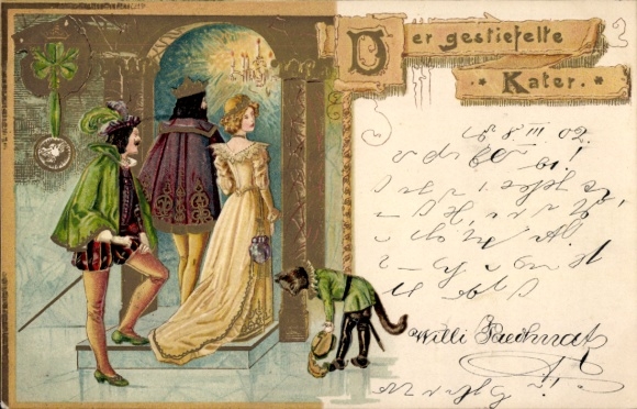 Präge Litho Der gestiefelte Kater, Begrüßung der Gäste, Märchen, Gebrüder Grimm