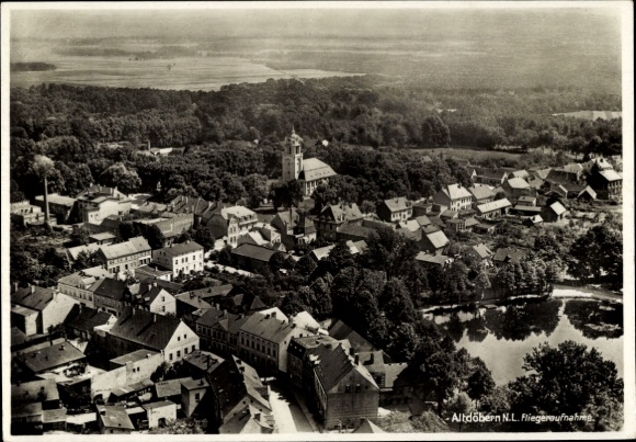 Postcard Altdöbern in Lower Lusatia, aerial view of church, houses, lakes