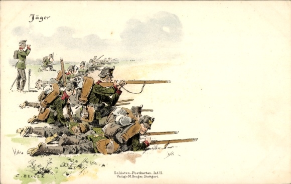 Kunstenaar litho Becker, C., jagers, soldaten schieten, schietoefeningen