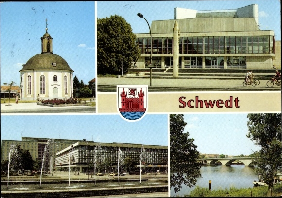 Postcard Schwedt an der Oder, Berlischky Pavilion, Kulturhaus, Centrum Warenhaus, bridge over the canal