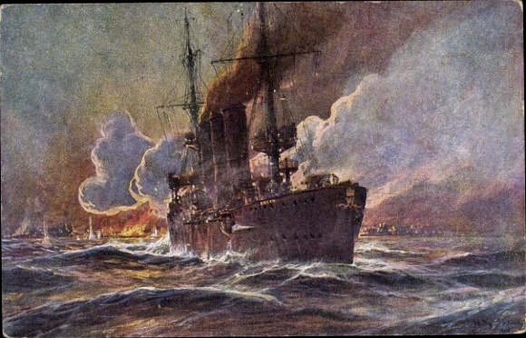 Artist Postcard Stöwer, Willy, SMS Emden bombards Madras, cruiser, Imperial Navy, I.WK