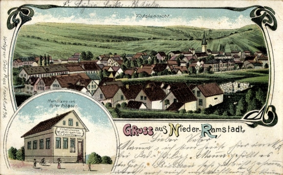 Chromo-Litho Nieder Ramstadt Mühltal in the Odenwald, general view, Peter Prösser business building