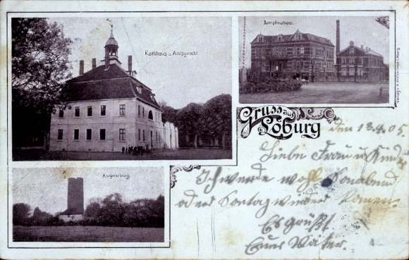 Ak Loburg Möckern in Sachsen Anhalt, Rathaus und Amtsgericht, Burg, Dampfmolkerei