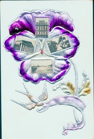 Embossed Passepartout Postcard Spain ?, pansies, city views