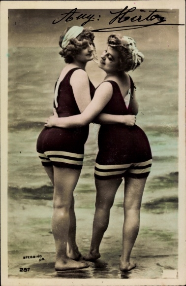 Postcard Two women on the beach, swimsuit, swimwear
