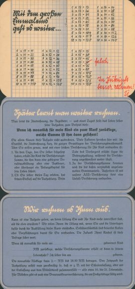 Foldable timetable, Allianz and Stuttgart insurance companies, spreadsheets around 1930