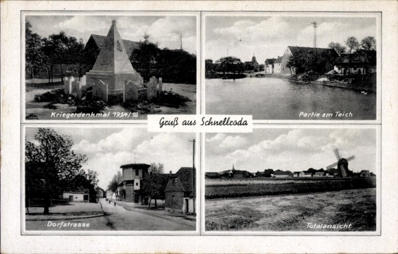 Ak Schnellroda Steigra in Saalekreis, afstandsschot, oorlogsmonument, dorpsstraat