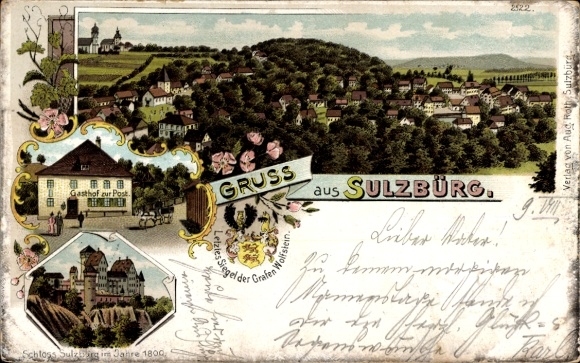 Chromo-Litho Sulzbürg Mühlhausen in the Upper Palatinate, Castle, Gasthof zur Post, Seal of the Counts Wolfstein