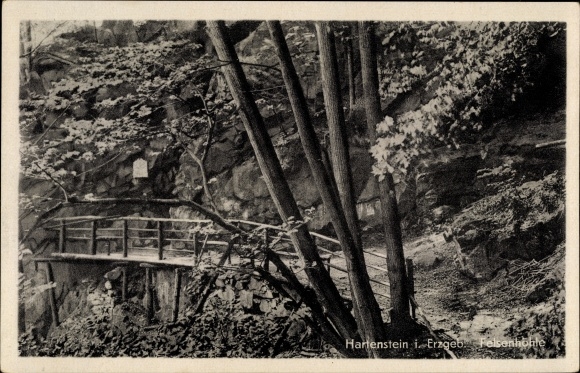 Postcard Hartenstein in the Ore Mountains, restaurant Forsthaus Prinzenhöhle, rock cave