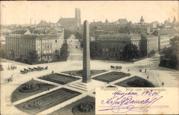 Ak München, uitzicht vanaf Karolinenplatz, obelisk, paardenkoetsen