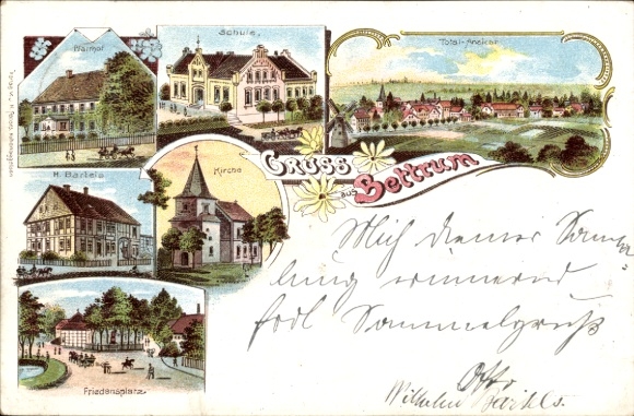 Chromo-Litho Bettrum Söhlde Lower Saxony, H. Bartels commercial building, rectory, school, church, Friedensplatz