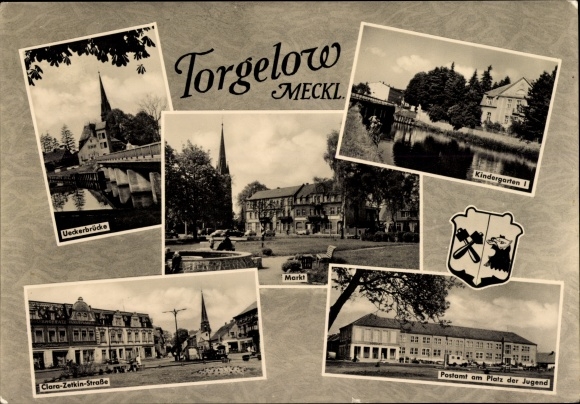 Ak Torgelow an der Uecker, Wappen, Kindergarten I, Postamt, Markt, Ueckerbrücke, Platz der Jugend