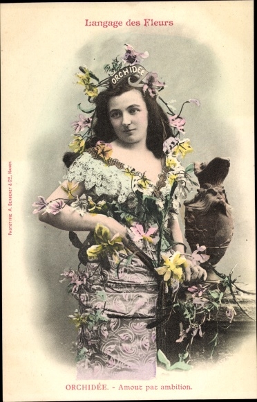 Postcard Langage des Fleurs, Blumensprache, Orchidee, Frau mit Blumen