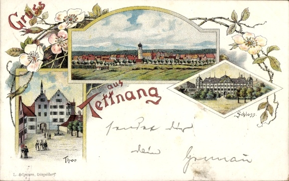 Litho Tettnang in Württemberg, Panorama, Schloss, Tor