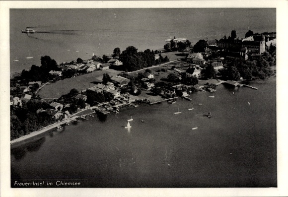 Postcard Fraueninsel Chiemsee Upper Bavaria, Panorama, aerial photograph