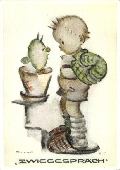 Artist Postcard Hummel, Dialogue, little boy with cactus, No. 5555