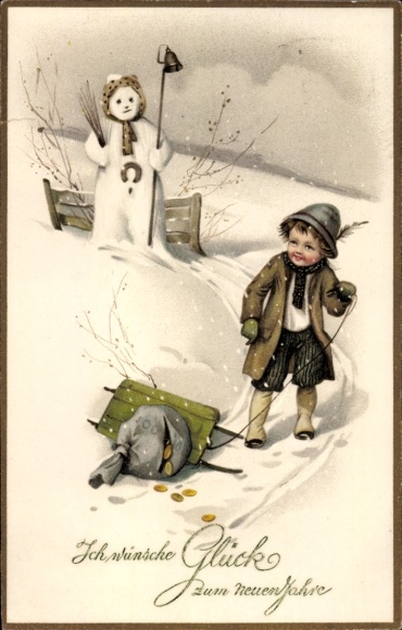 Postcard Happy New Year, sleigh, money bag, snowman