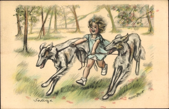 Artist PC Bouret, Germaine, girl runs through the park with two greyhounds