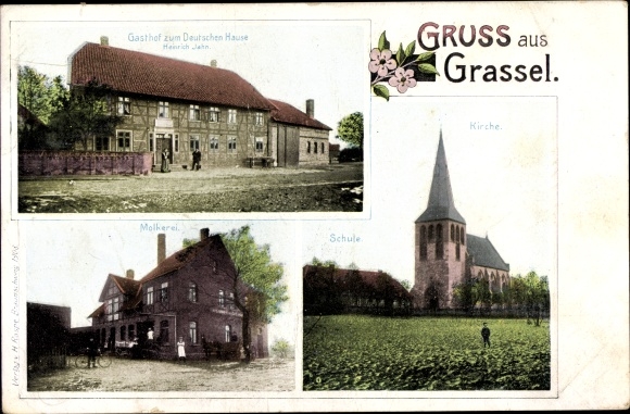 Postcard Grassel Meine in Lower Saxony, Gasthof zum Deutschen Haus, dairy, school, church