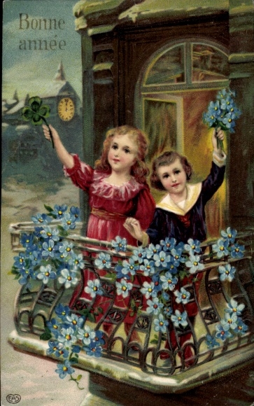 Postcard Happy New Year, children on the balcony, forget-me-not, lucky clover