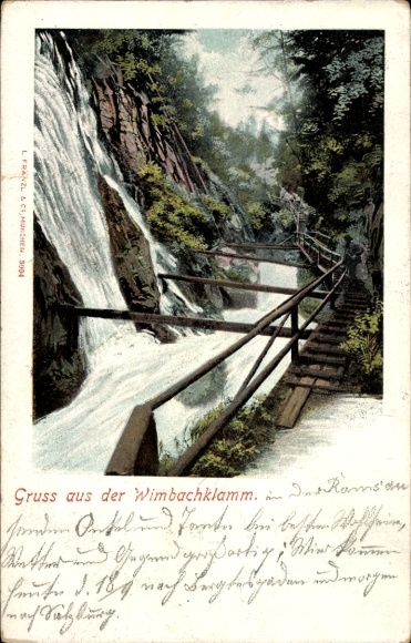 Postcard Ramsau in Berchtesgadener Land Upper Bavaria, Wimbachklamm, waterfall, wooden bridge, rocks, forest,