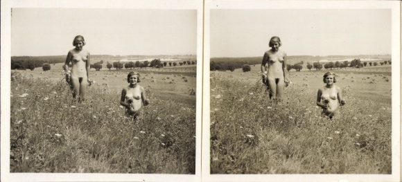 Stereo Foto: Gerhard Riebicke Erotik, Frauenakt, zwei Frauen auf einer Blumenwiese